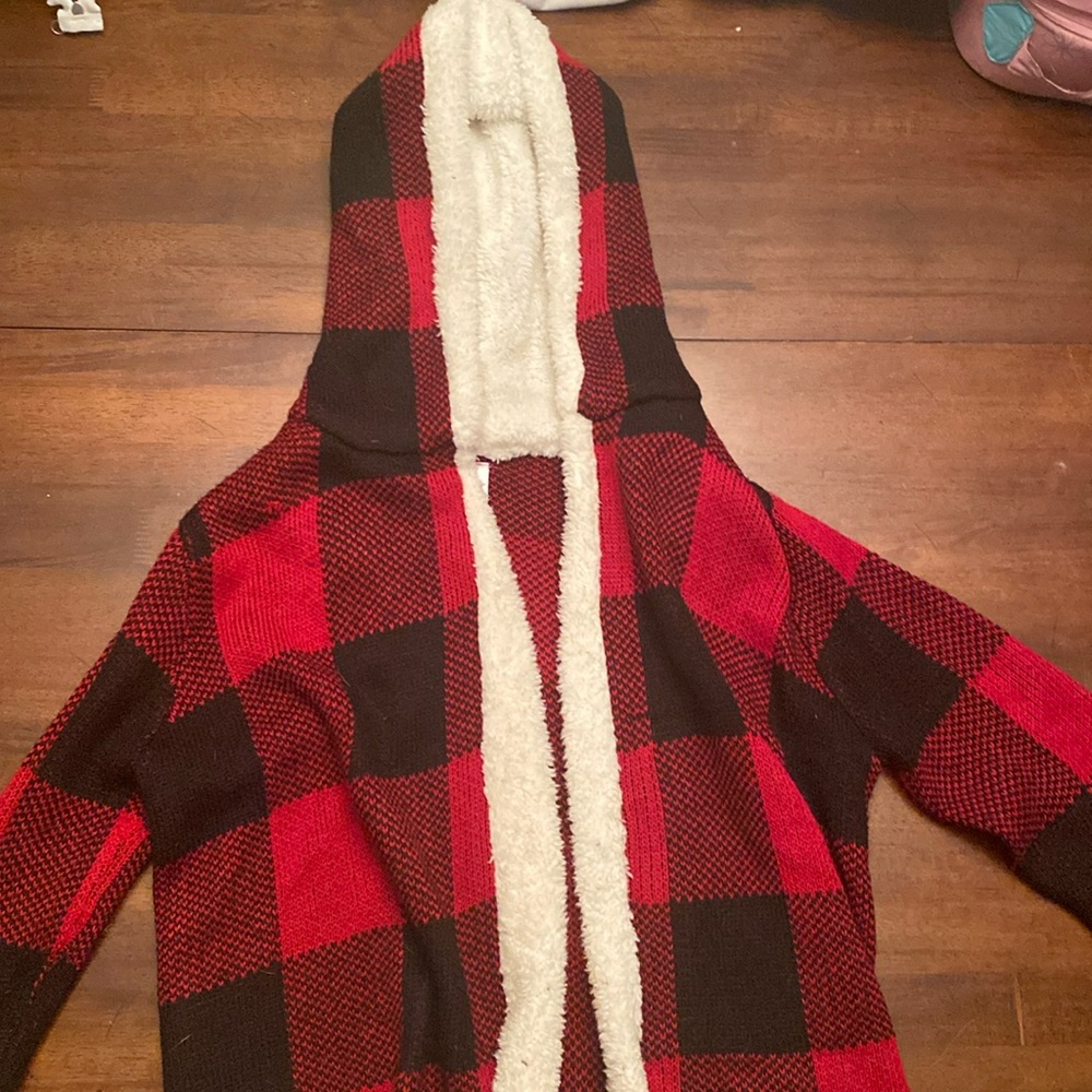 Faux Fleece-Lined Plaid Hooded Sweater